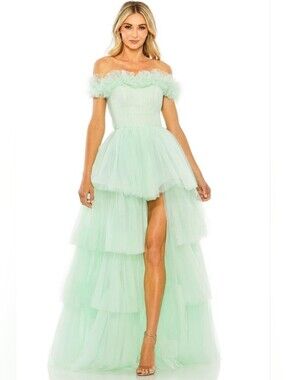 Mac Duggal 20579 Mint Off-Shoulder Tulle High-Low Gown Size 4
